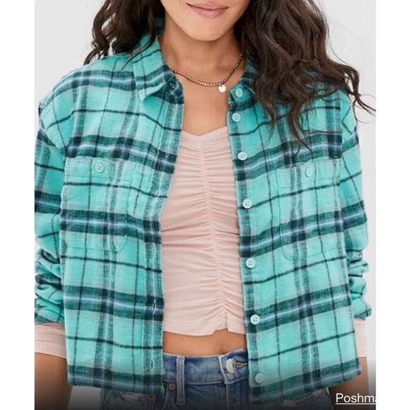 American Eagle Outfitters Blue/Green/White Plaid Long Sleeve Button Down Linen B - Picture 12 of 12